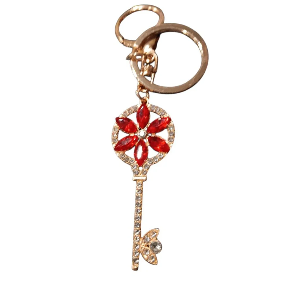 Skeleton Key Red Flower Keychain Purse Charm Bling Rhinestone
